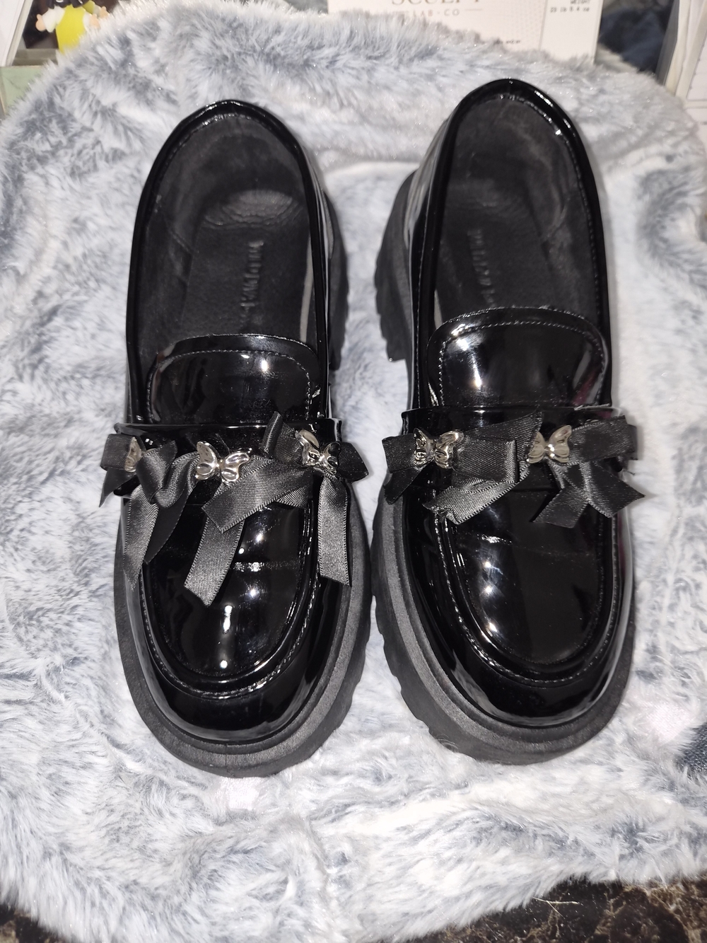 Patent Black Loafer Flats with Ribbon and Bow Accent